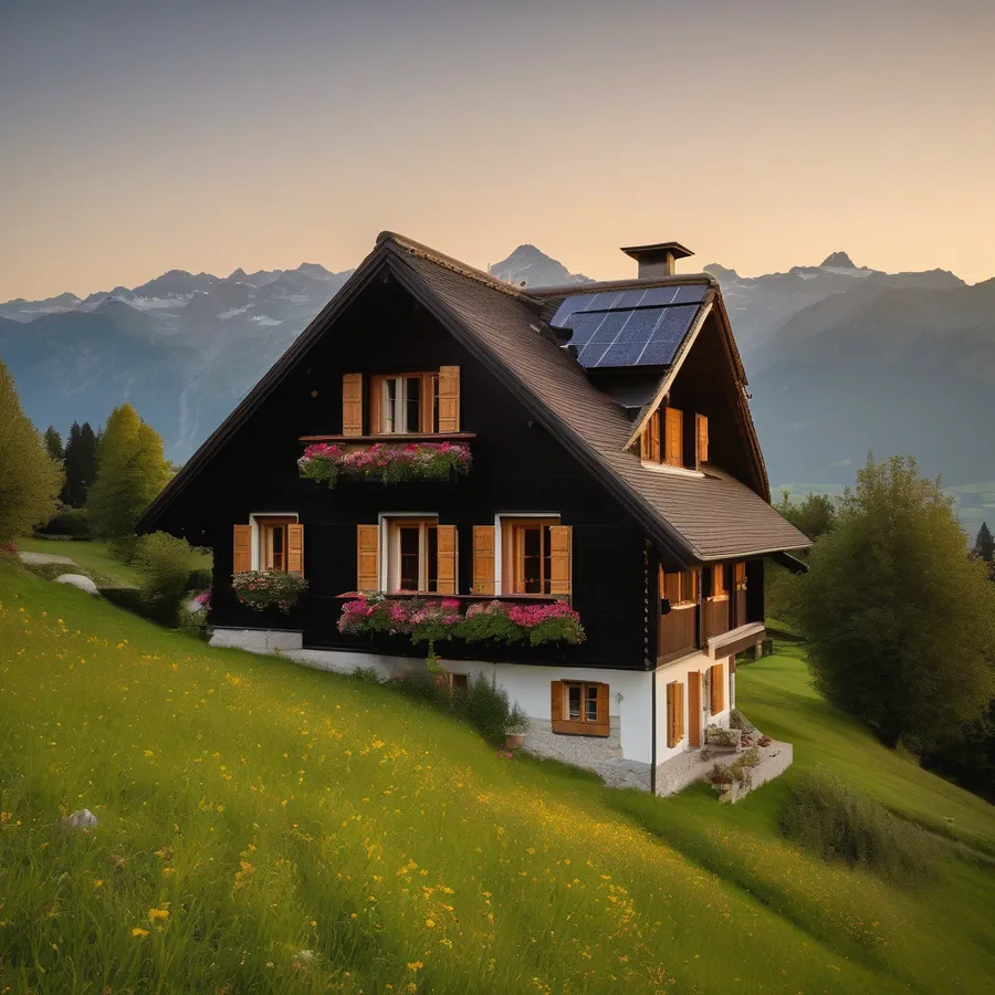 Maison suisse rénovée équipée de panneaux solaires sur le toit, en fin de journée